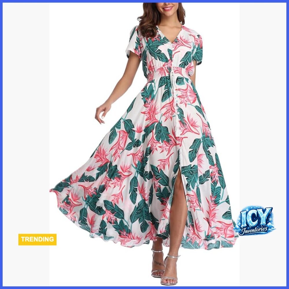 Rayon Boho Floral Maxi Dress with Button Up and Split Hem
